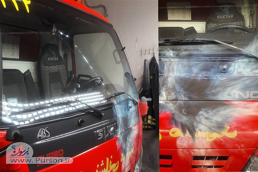تصویر پرتاب ترقه به سمت خودرو آتش‌نشانی مشهد