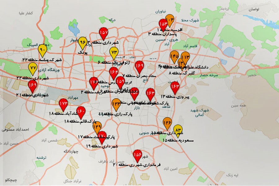هشدار آلودگی شدید هوا در ۱۴ منطقه تهران