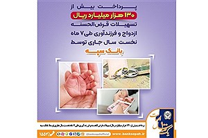 پرداخت بیش از ۱۳۰ هزار میلیارد ریال تسهیلات ازدواج و فرزندآوری توسط بانک سپه پرداخت بیش از ۱۳۰ هزار میلیارد ریال تسهیلات ازدواج و فرزندآوری توسط بانک سپه