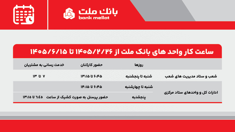 تغییر ساعت کاری بانک ملت